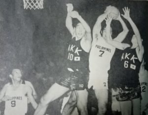 Representing the Philippines, the Big J beats a pair of Japanese foes to a rebound during the ABC 10th anniversary tournament held in Manila in 1970.