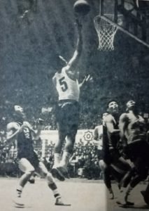 Filipino hotshot Narciso Bernardo goes for an easy layup off a pair of hapless Korean defenders.