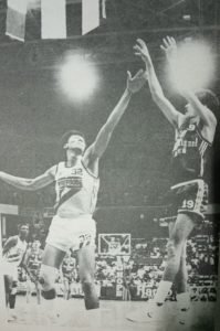 San Miguel Beer's Mon Fernandez pops a jumper off Purefoods' Abet Guidaben during a game in the 1988 PBA Reinforced Third) Conference. The two arch nemesis from the old Crispa-Toyota rivalry of the 1970s and early 1980s were traded for each other twice during their respective pro careers.