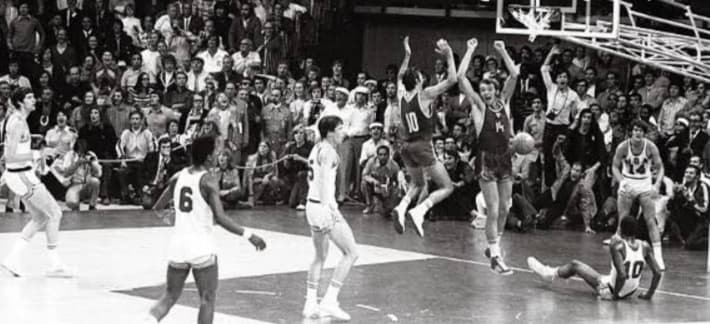 The Soviets jubilate after an Alexander Belov basket at the game buzzer gave them a one-point win over the erstwhile unbeaten Americans during the men's basketball finals in the 1972 Munich Olympics.
