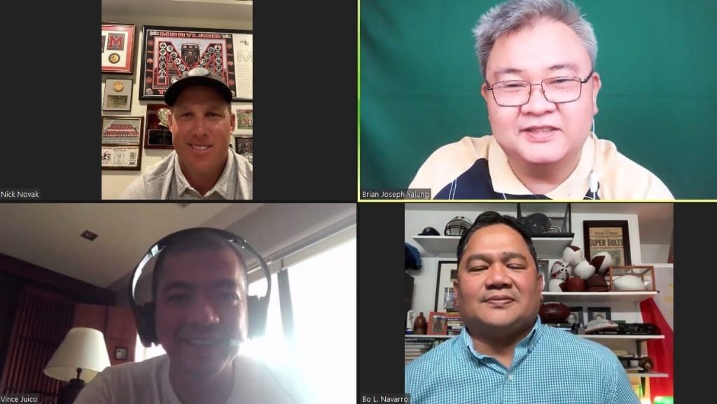 [L-R clockwise] Former NFL player Nick Novak, Sports Bytes PH founder Brian Yalung, Sports Agent Bo Navarro and veteran journalist Vincent Juico during a Zoom interview on Sports Bytes PH Facebook Live