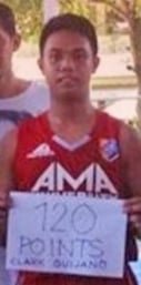 Clark Quijano from the AMA Computer University owns the record for the most points scored by a high school player in a game in Philippine basketball history. The 6-foot Junior Titan chalked up 120 points in just three quarters, including 100 at the half, against Lord's Grace Christian School.