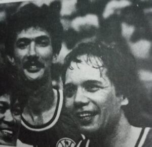 Jawo and Mon are all smiles after their last-second team-up in the first PBA All-Star Game on June 4, 1989 that resulted in a 132-130 victory by the Virgilio (Baby) Dalupan-coached Veterans team over the Dante Silverio-mentored Rookie-Sophomore squad at the PhilSports Arena. A completed Jaworski assist to Fernandez in the dying seconds broke a 130-all deadlock and produced the game winner. For the first time in six years, the two were teammates once more after having been estranged since the disbandment of the Toyota franchise after the 1983 PBA season.