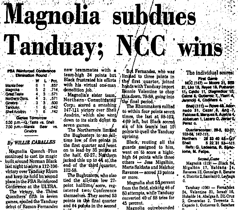 Fernandez drops 34 points in his debuts as a Tanduay Rhum Maker against Magnolia Quench Plus in 1985.  [news clipping from MB library]