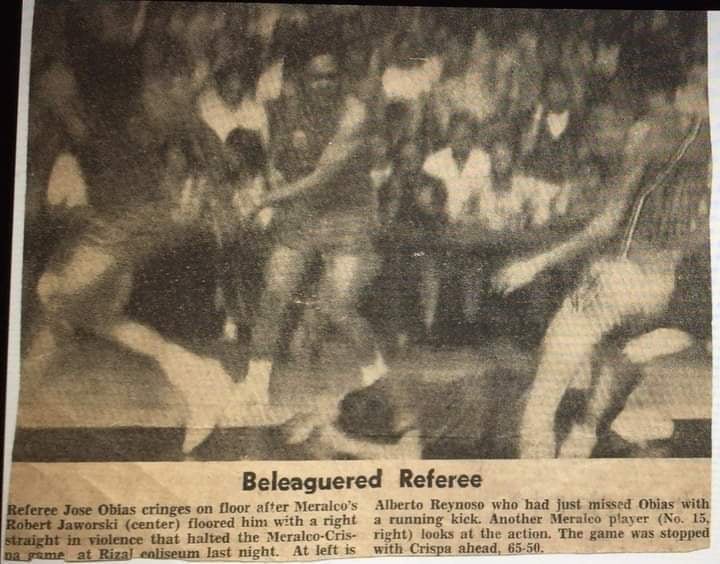 A photo from a national daily newspaper that documented the brutal mauling of the referees in a MICAA game by Jaworski and Reynoso five decades ago.