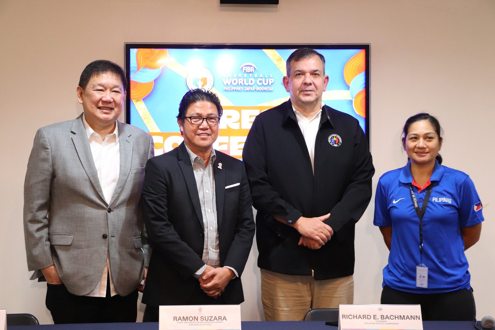 (L-R) FIBAWC 2023 Joint Management Committee Head John Lucas, FIBAWC 2023 Chief Implementor & Master Planner Ramon Suzara, Philippine Sports Commission Chairman Richard Bachmann and FIBAWC 2023 Deputy Event Director Erika Dy in the press conference for the FIBA Inter-Agency Meeting on Wednesday at Rizal Memorial Sports Complex, Manila.