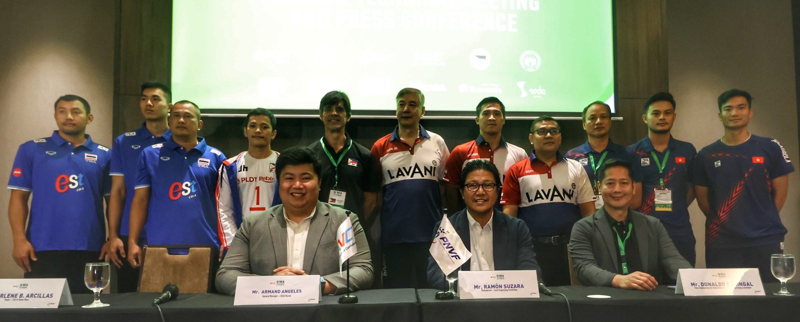 VOLLEYBALL federation president Ramon “Tats” Suzara (seated, center), with Seda Nuvali general manager Armand Angeles and secretary-general Donaldo Caringal pose with the team coaches and captains of Vietnam, Thailand, Philippines and Indonesia during the tournament press conference Thursday at the Seda Nuvali.