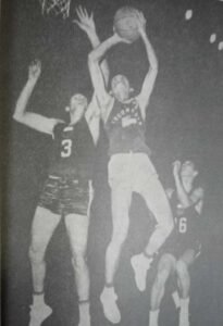 Carlos Loyzaga (3) and Ed Ocampo (16) gang up on an Indonesian player during the 1962 Asian Games in Jakarta. The Philippines shellacked yhe host country, 107-74.