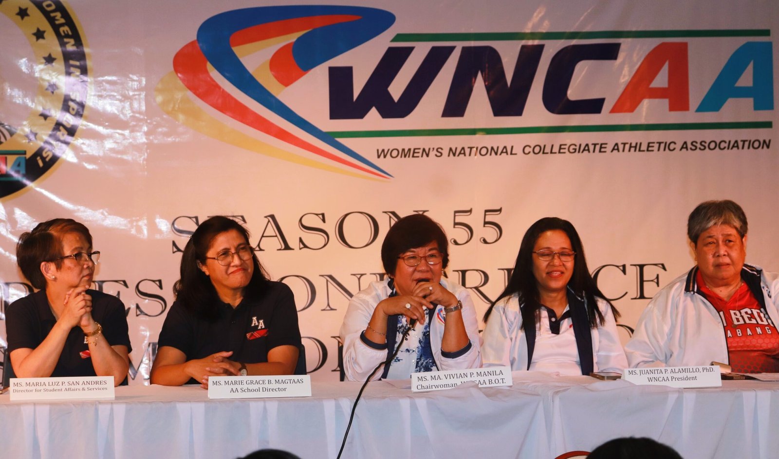 Officials and school representatives launch the 55th season of the Women’s National Collegiate Athletic Association at the Dizon Hall of host Assumption Antipolo on Wednesday (Sept. 11, 2024). Leading the launch and press conference are (from left) Assumption Antipolo Student Affairs and Services director Maria Luz San Andres and directress Marie Grace Magtaas; and WNCAA chairperson Ma. Vivian Manila, president Juanita Alamillo and secretary general Ma. Angelica dela Cruz. (WNCAA photo)