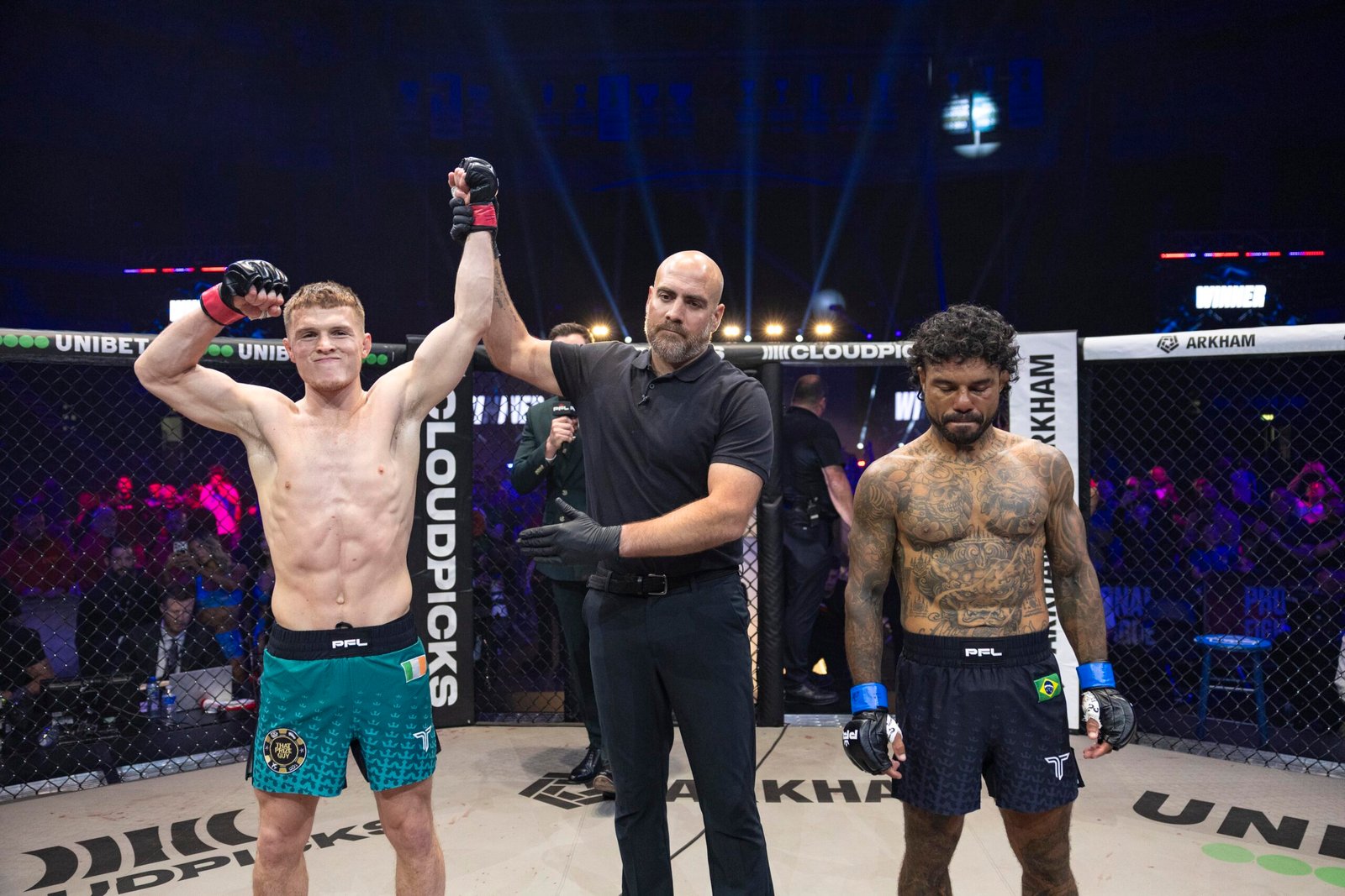 Paul Hughes celebrates after a 42-second KO win over Bruno Miranda at PFL Europe Belfast. [PFL Images]