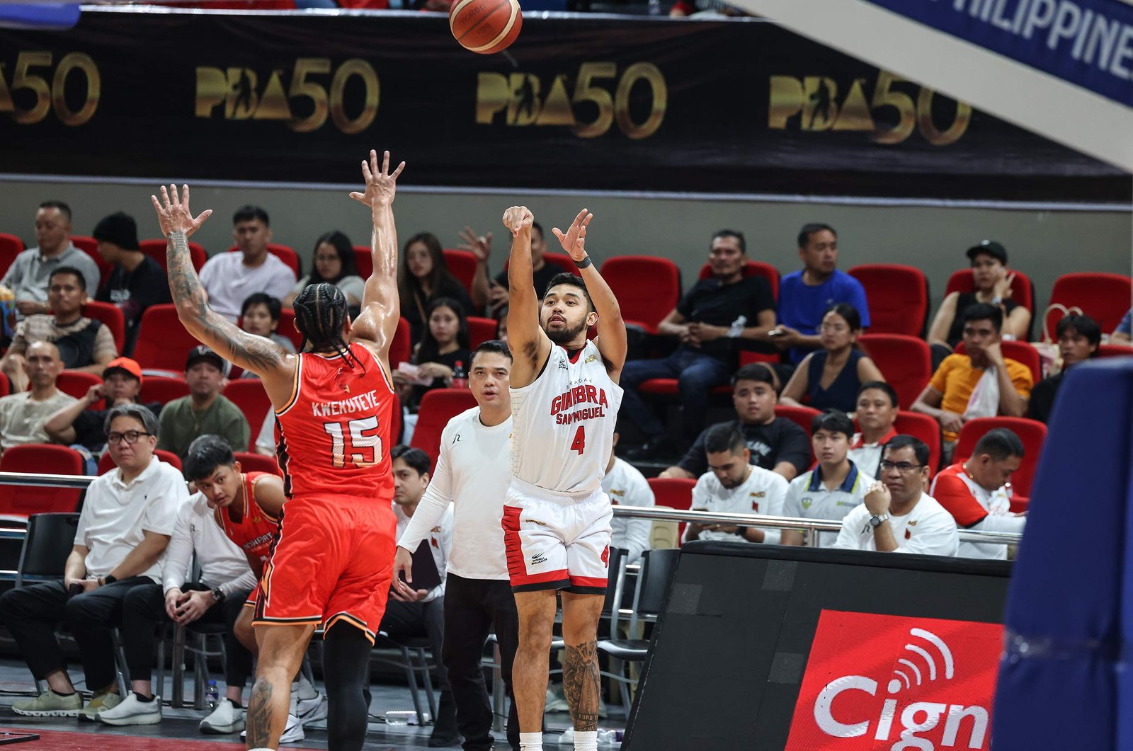 Barangay Ginebra’s RJ Abarrientos goes for a shot during the Kings’ dominant win over NorthPort. [PBA Images]