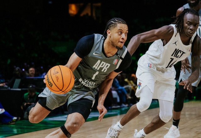 APR’s Obadia Noel #1 driving a basketball during APR’s game against Nairobi City Thunder at BK Arena in Kigali, Rwanda on May 25, 2025. [Photo by Theo Kine, BAL/Getty Images]