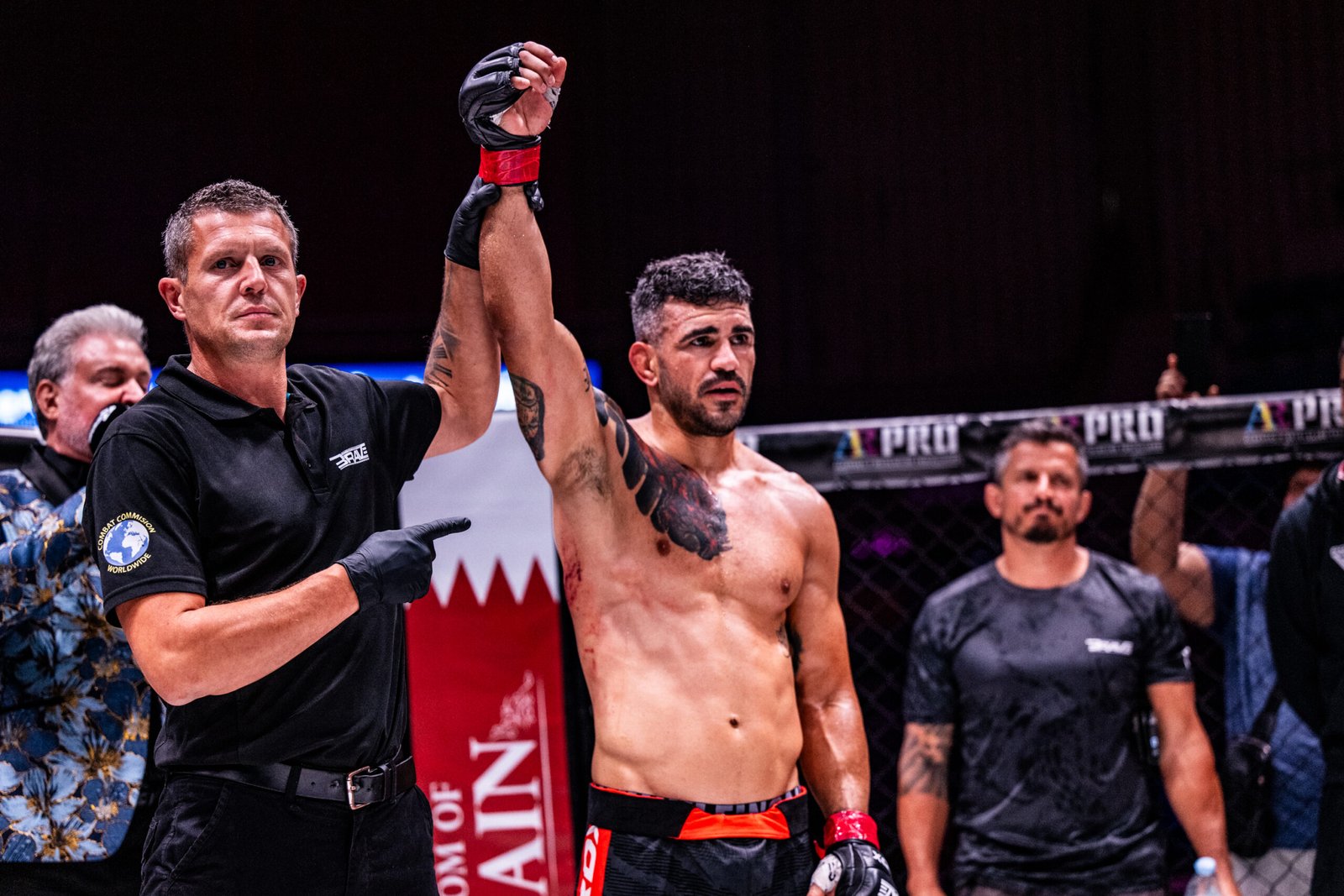 Acoidan Duque celebrates his razor-close win over Jason Ponet at BRAVE CF 95. [BRAVE CF photo]