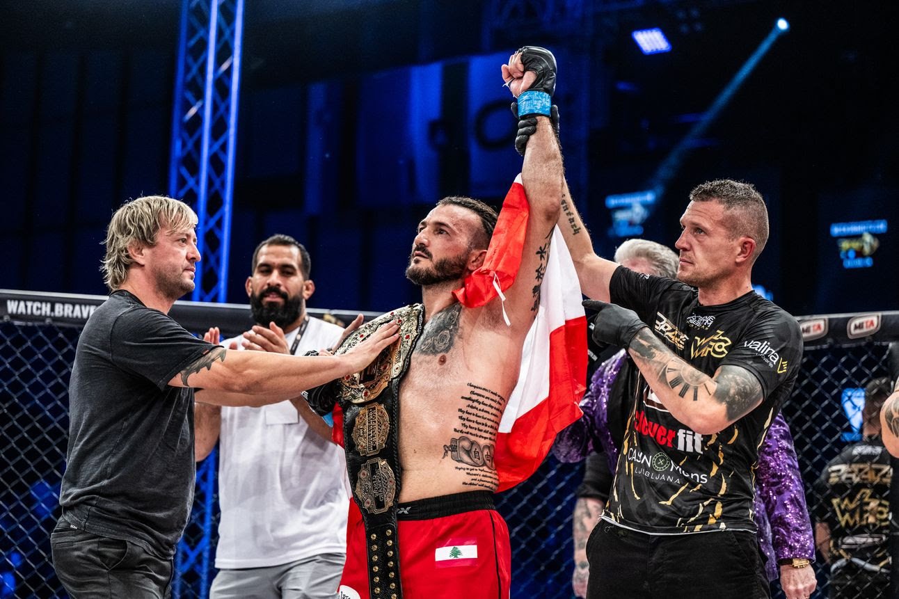 Fakhreddine celebrates after reclaiming the Middleweight title at Brave CF 96