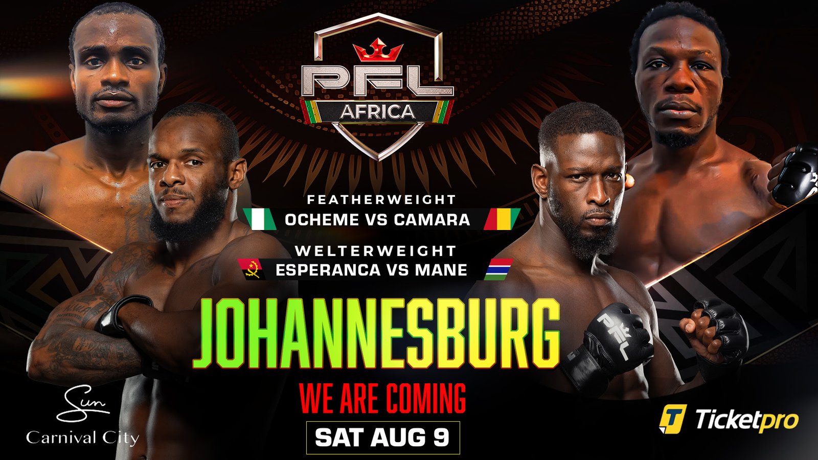 Patrick Ocheme and Mohamed Camara headline the second PFL Africa event in Johannesburg.