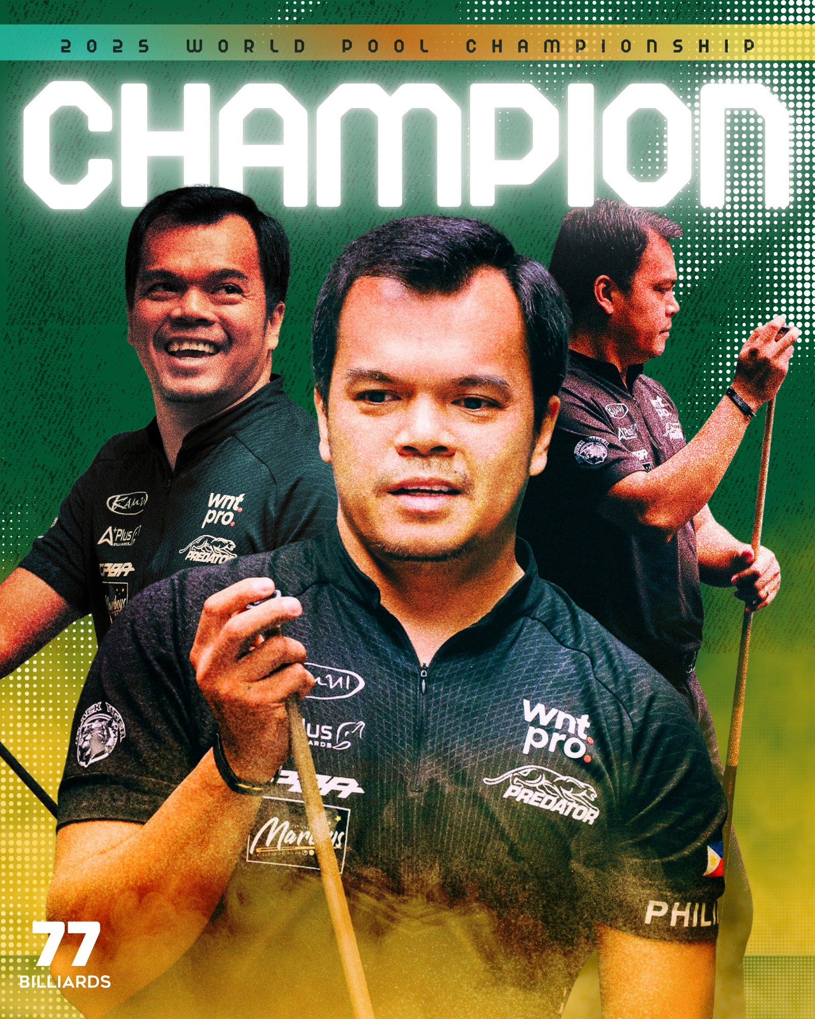 Biado joins Filipino legends Efren Reyes, Ronnie Alcano, and Django Bustamante as multi-title world champions. [photo credit: 77.billiards Facebook]