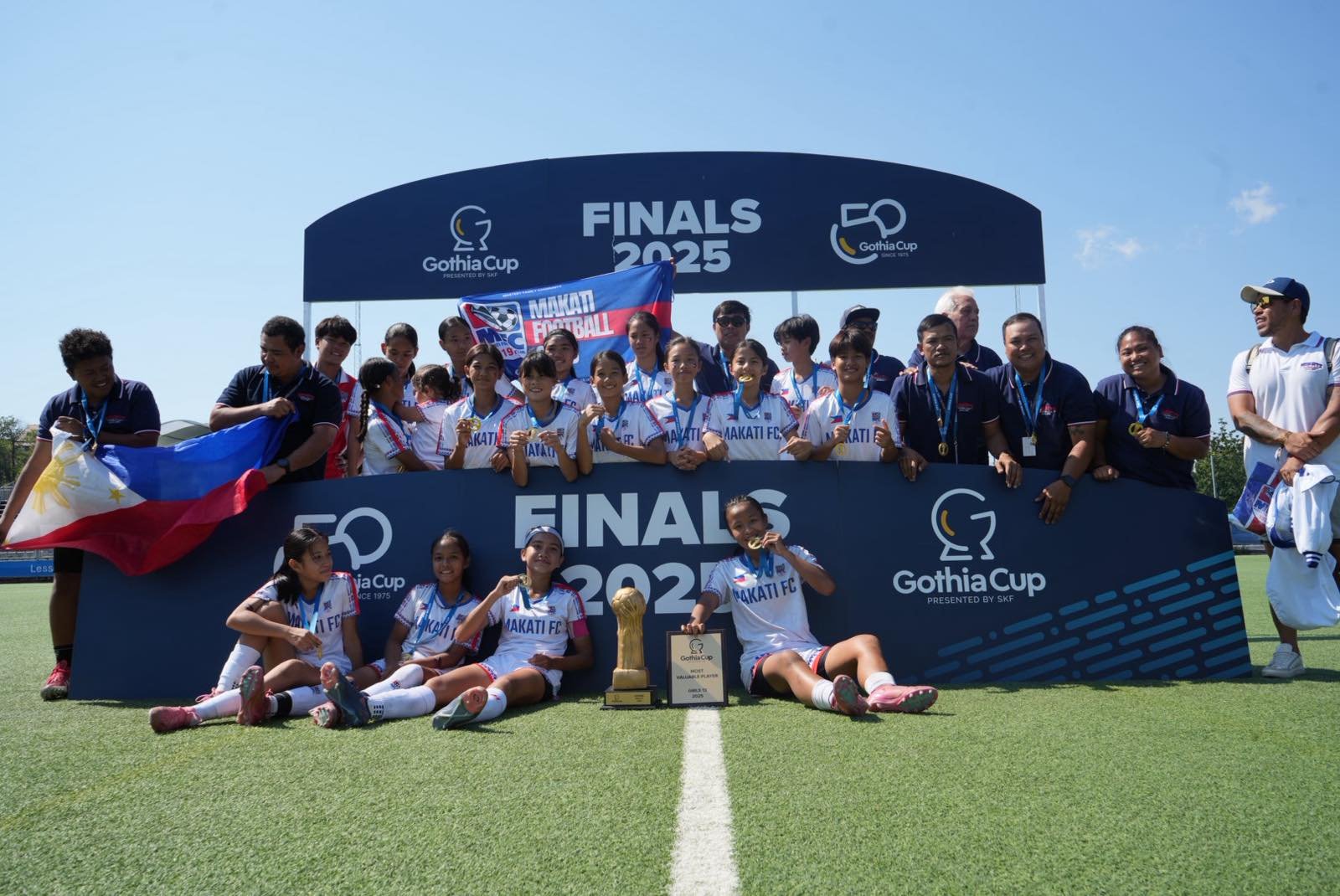 MAKATI FC celebrates its Girls 13 (2012) championship conquest in the Gothia World Youth Cup in Gothenburg, Sweden on Saturday. [MAKATI FC PHOTO]