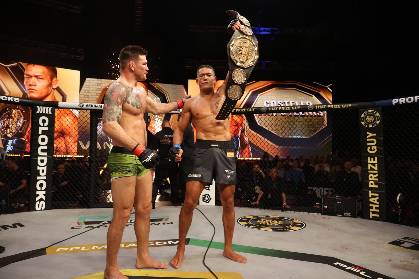 Costello Van Steenis celebrates after choking out Johnny Eblen at the buzzer to win the PFL Middleweight title.