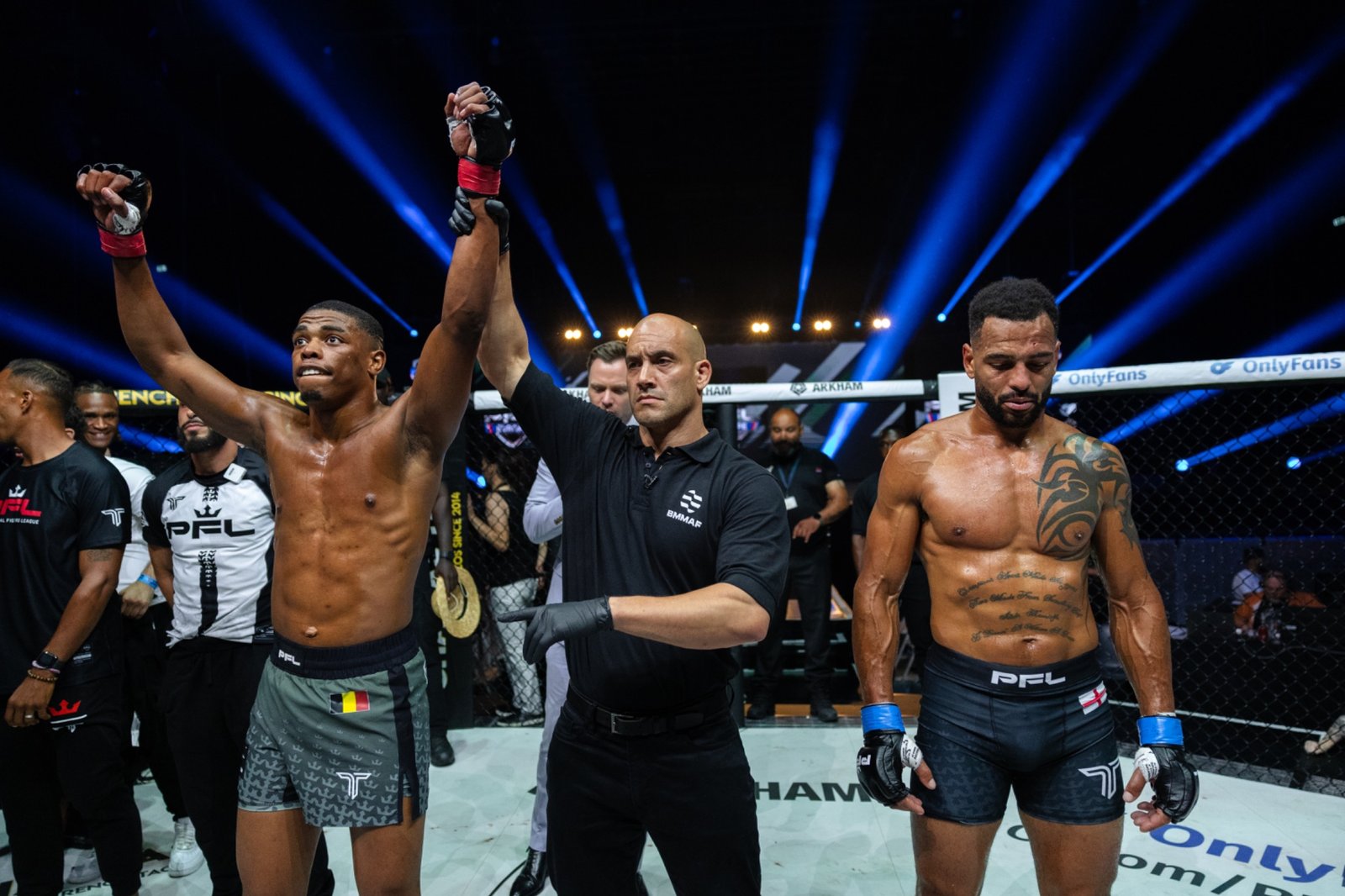 Patrick Habirora celebrates his knockout win over Danny Roberts at PFL Europe Brussels. [PFL photo]
