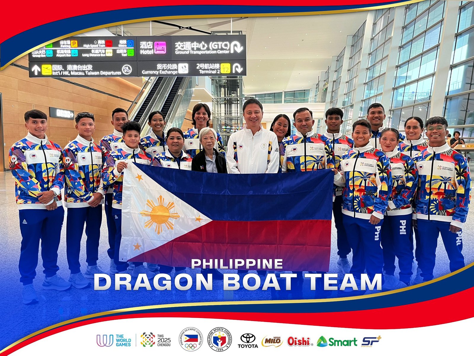 Filipino athletes arrive in Chengdu ahead of the anticipated World Games opening festivities.  [Philippine Olympic Committee photo]