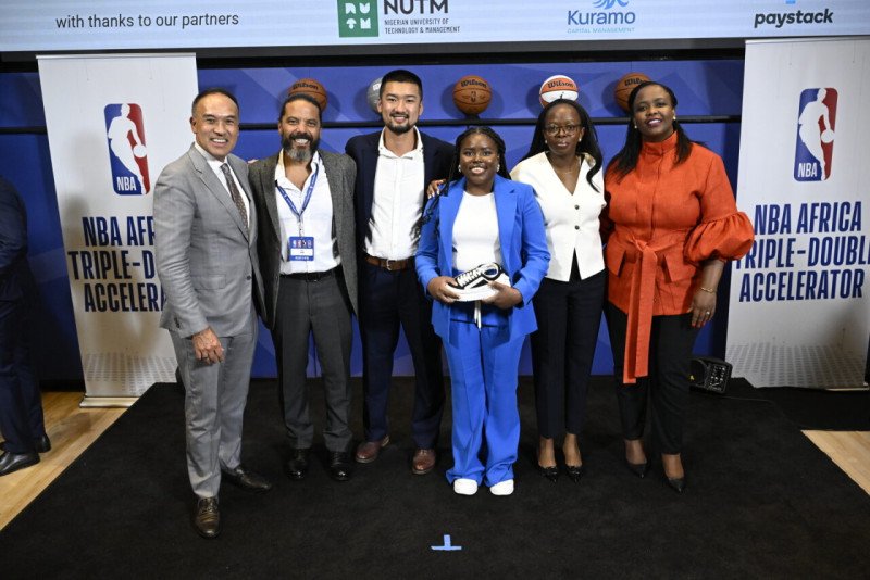 NBA Deputy Commissioner and Chief Operating Officer Mark Tatum, Maged Farrag (UBR VR), Peng Chen (HustleSasa), Yewande Akinse (Salubata), Folayemi Agusto (Festival Coins) and NBA Africa CEO Clare Akamanzi at the first NBA Africa Triple-Double Accelerator Demo Day at the NBA headquarters in New York City last year (Credit: NBA Africa)