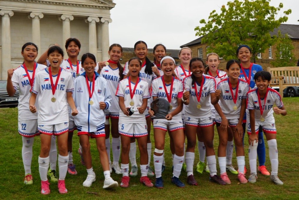 Makati FC Girls U13 squad celebrates after winning the Girls Trophy tournament on Saturday at the Haileybury School in Hertfordshire, England. [MAKATI FC photo]