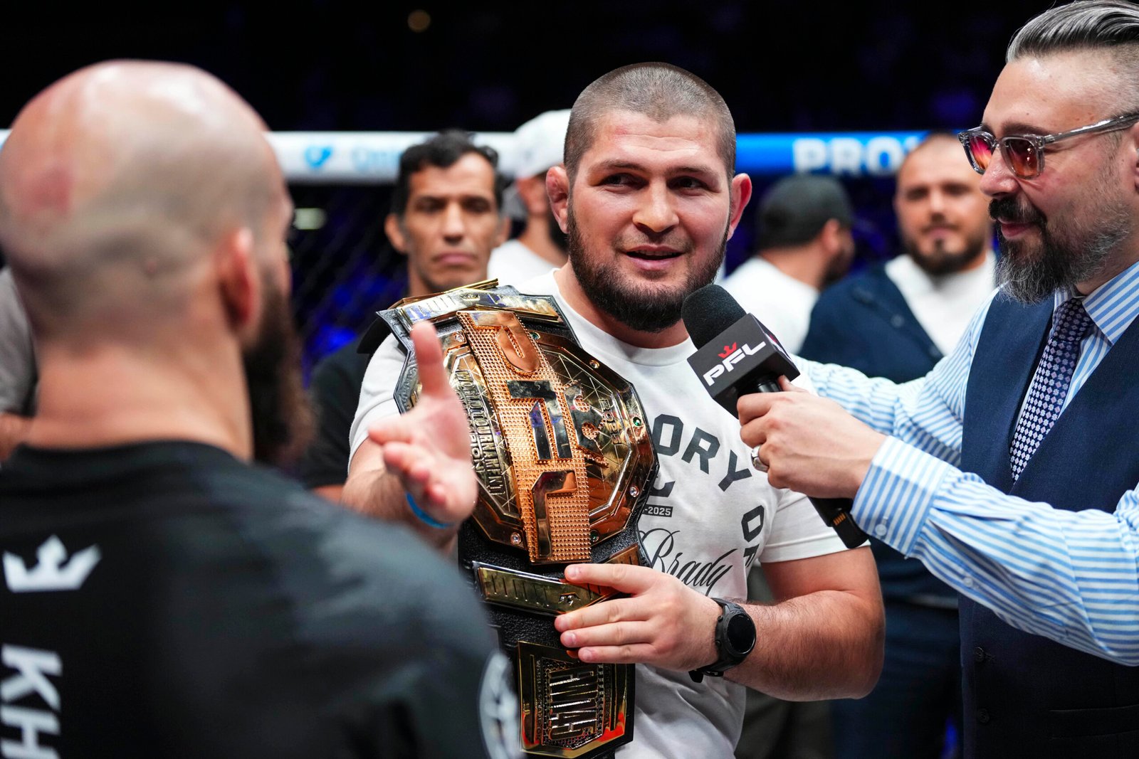 Movlid Khaybulaev celebrates his fifth-round submission win over Jesus Pinedo to claim the featherweight title.  [PFL photo]