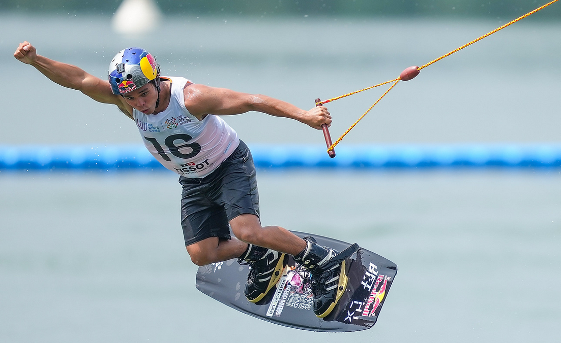 Raph Trinidad of the Philippines competes during the men's cable wakeboard qualification of Waterski & Wakeboard event at the World Games 2025 in Chengdu, southwest China's Sichuan Province, Aug. 8, 2025. (Xinhua/Bei He)