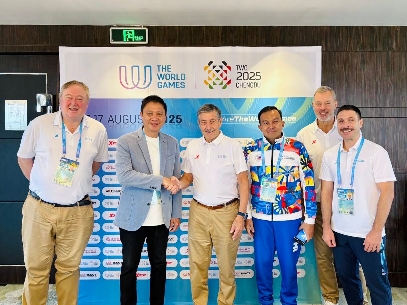 (L-R): IWGA Vice President Tom Dielen, Chairman John Patrick Gregorio, IWGA President José Perurena López, CDM Stephen Arapoc, CEO Joachim Gossow, and Deputy CEO Guillaume Felli.