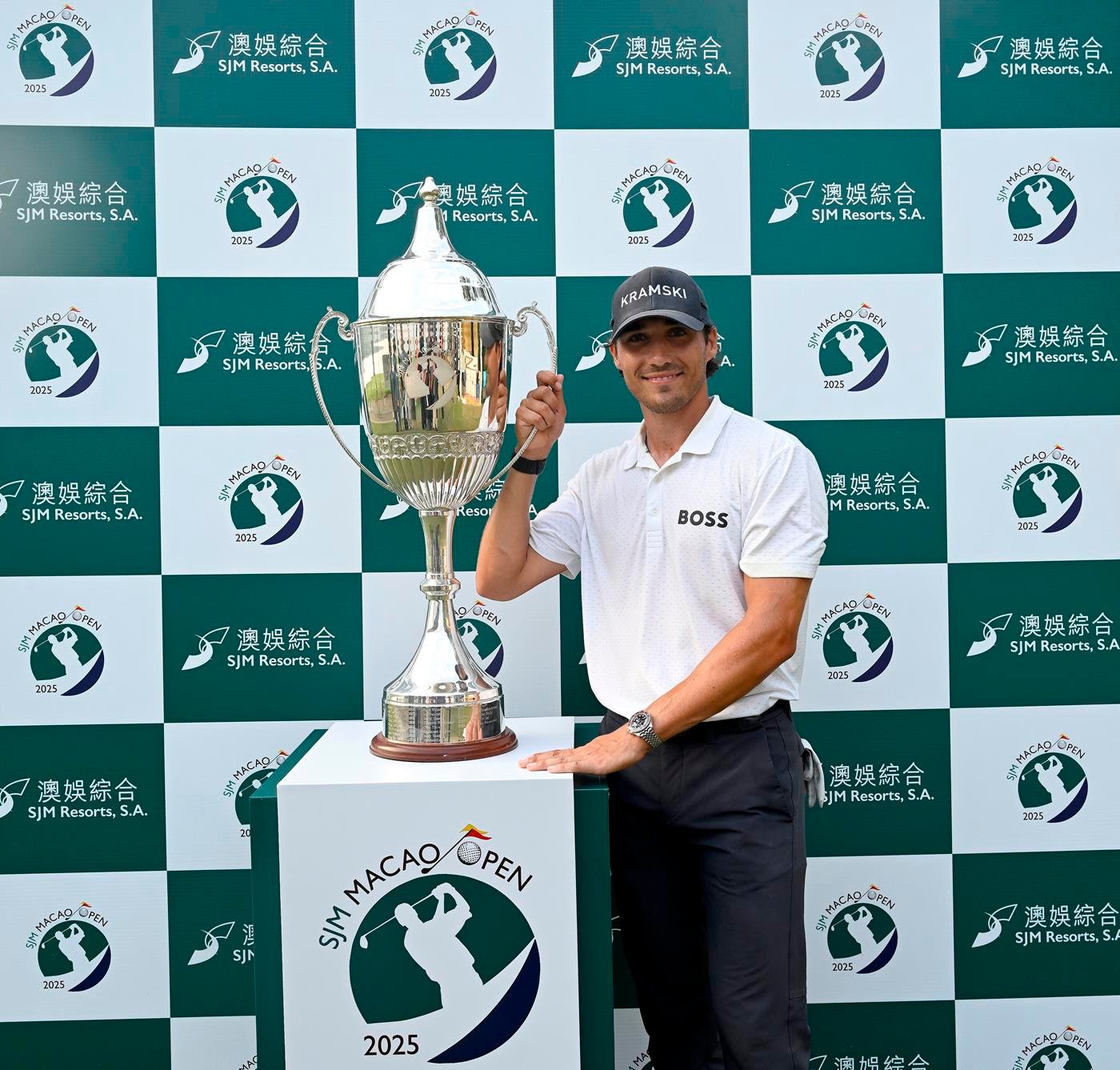 Dominic Foos celebrates his SJM Macao Open victory at Macau Golf & Country Club. [Asian Tour photo]