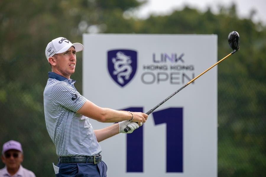 Tom McKibbin tees off during the second round at Hong Kong Golf Club as he maintains his lead. [Asian Tour photo]