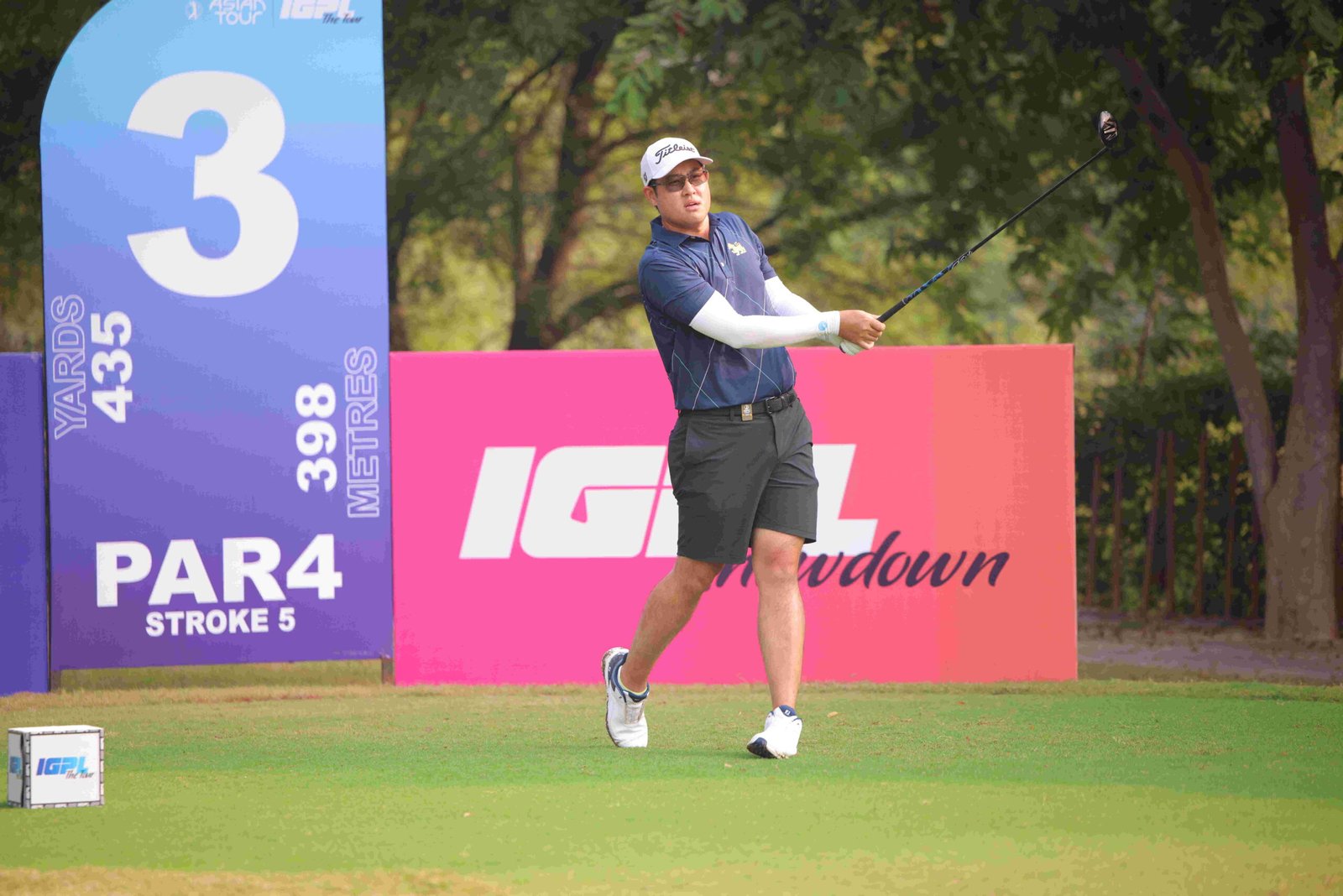 Poosit Supupramai shares the third-round lead at the Bharath Classic after a hole-in-one and chip-in birdie, showcasing his skill and poise on the Asian Tour. [Asian Tour photo]
