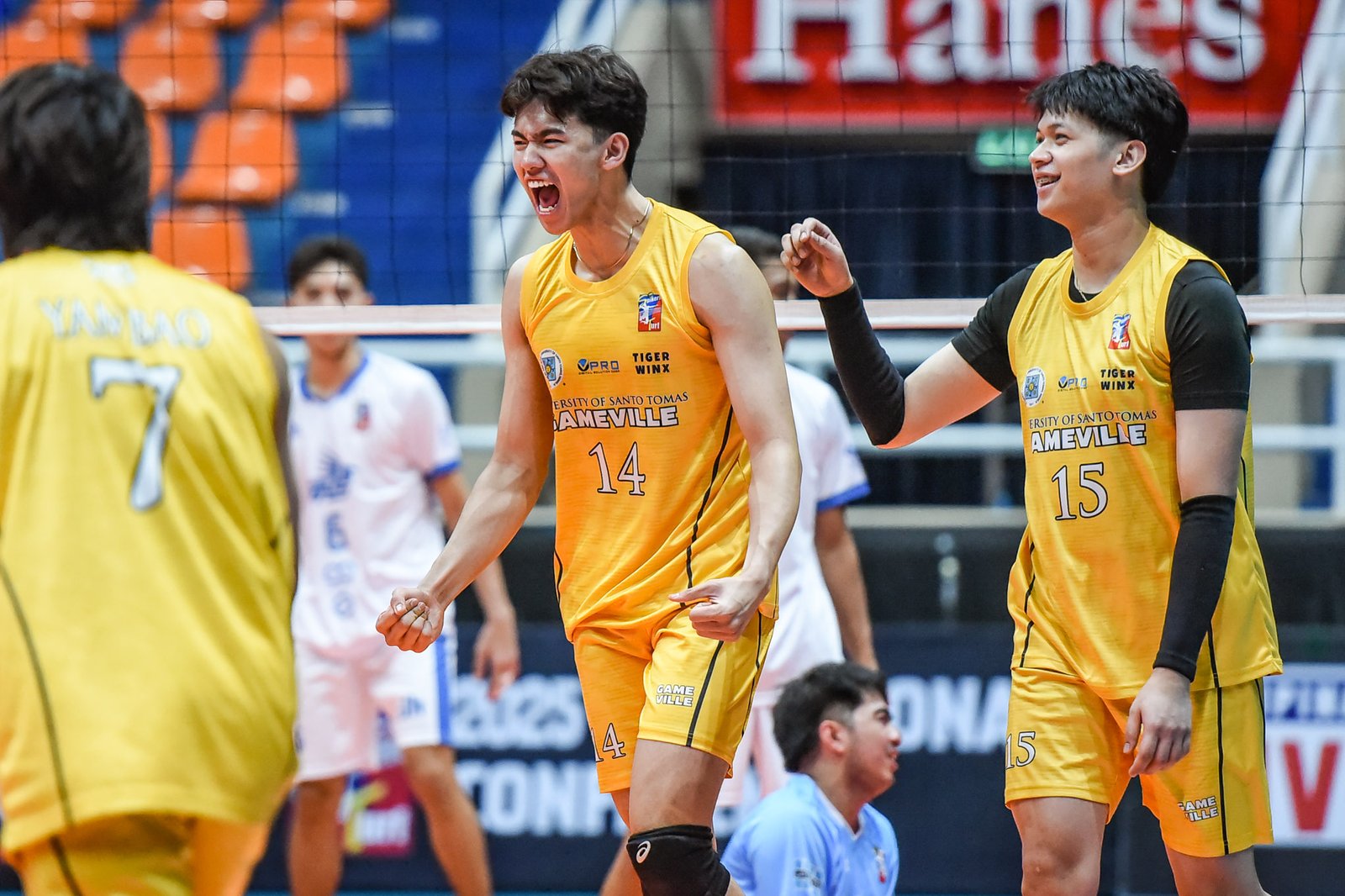 UST-Gameville celebrates a key Spikers’ Turf victory to stay in semifinal contention. [PVL Images]