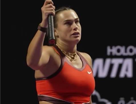 Sabalenka celebrates after securing a key three-set win.