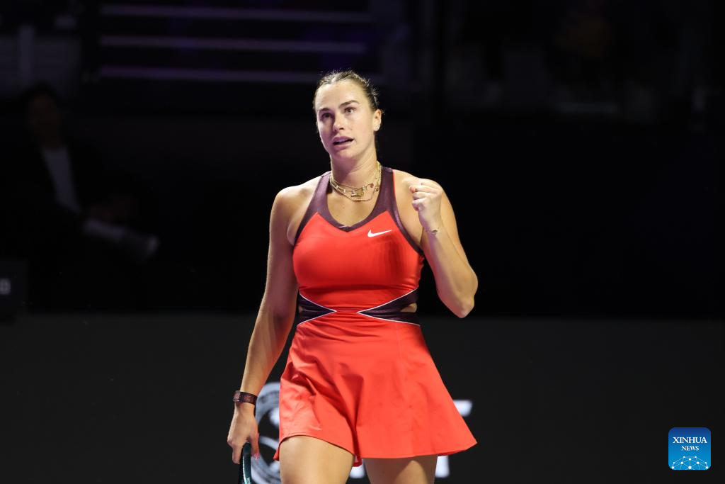 Aryna Sabalenka of Belarus during the round robin match against Jasmine Paolini of Italy at WTA Finals tennis tournament in Riyadh, Saudi Arabia, on Nov. 2, 2025. (photo credit: Xinhua/Luo Chen)