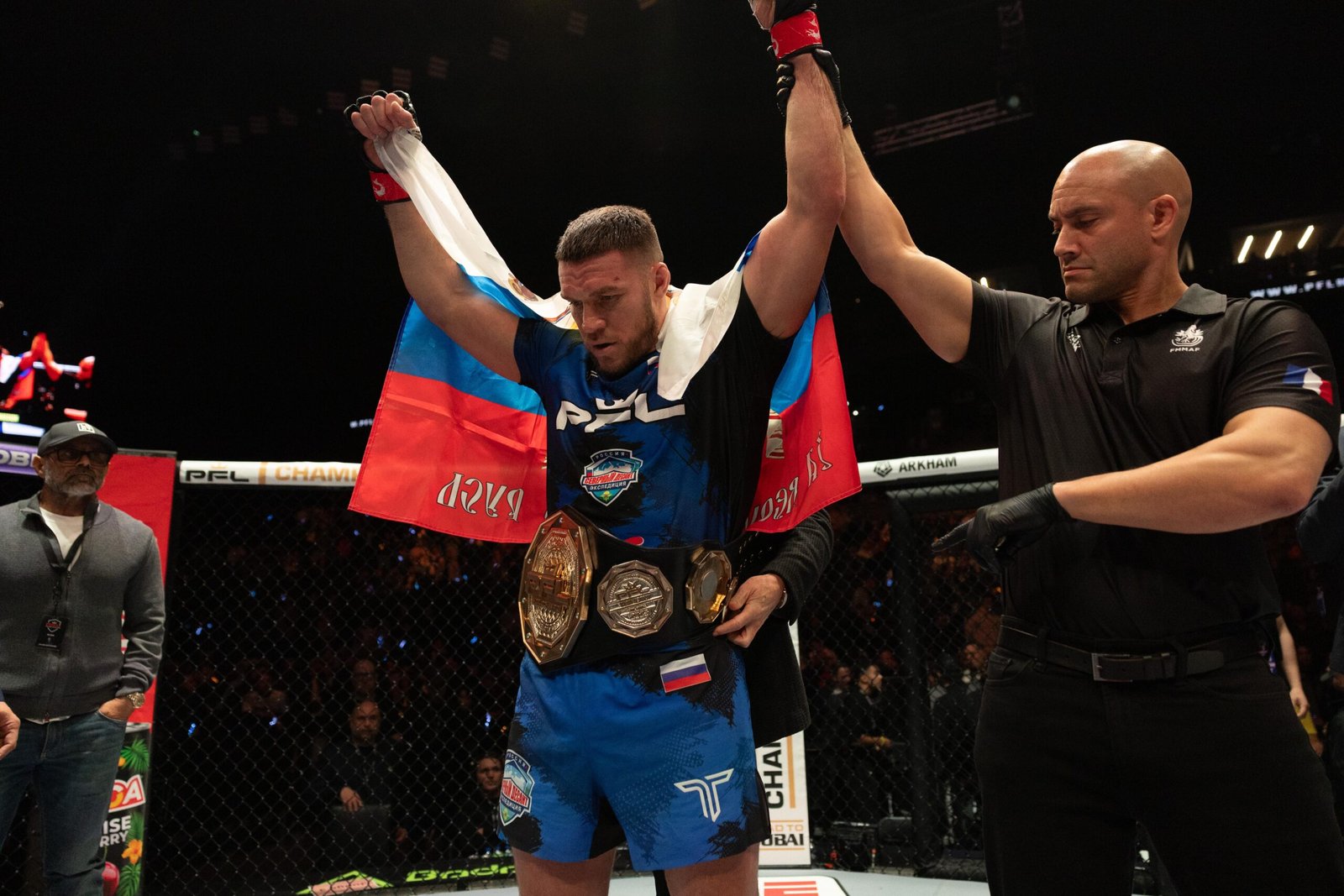 Vadim Nemkov celebrates after securing the PFL Heavyweight World Championship in Lyon. [PFL photo]