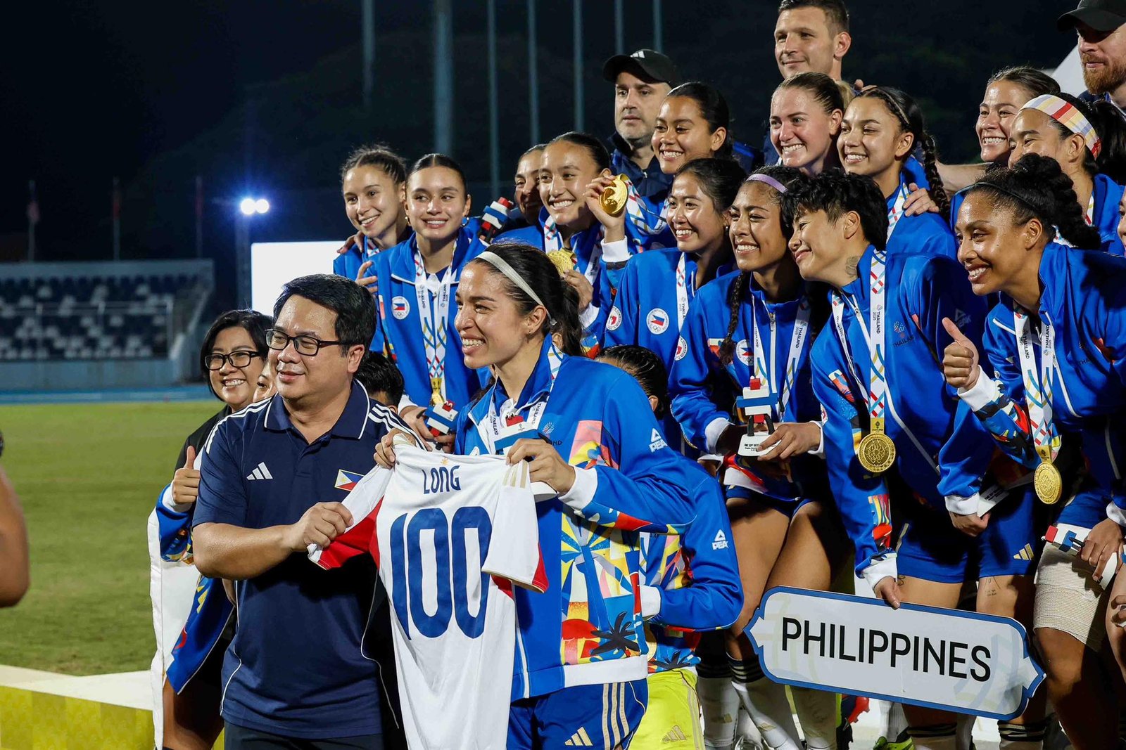 Philippine players celebrate after winning the SEA Games women’s football gold medal in Chonburi. [POC Facebook]