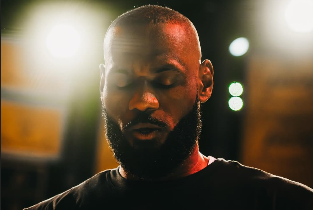 Close-up of LeBron James looking focused. [photo credit: LeBron James Instagram]