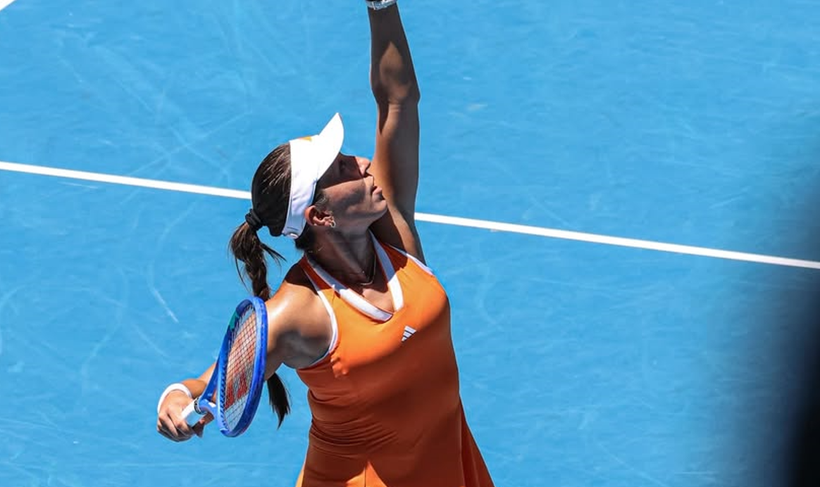 Pegula serves during her straight-sets victory over the defending champion. [photo credit: Australian Open Instagram]