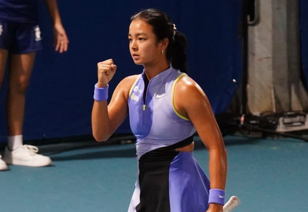 Alex Eala pumps her fist after scoring a point against Alina Charaeva on the way to a 6-1, 6-2 last night in the opening singles round of the Philippine Women's Open at the Rizal Memorial Tennis Center.  [photo credit: Philippine Women's Open |  PhilTA]