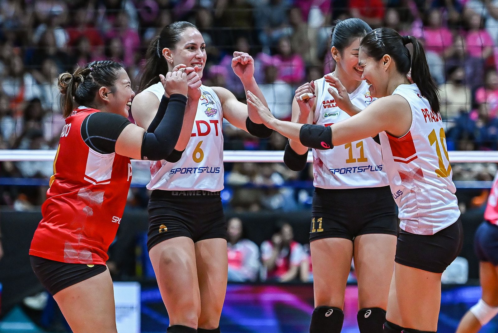 PLDT High Speed Hitters celebrate after a play against Creamline. [PVL Images]