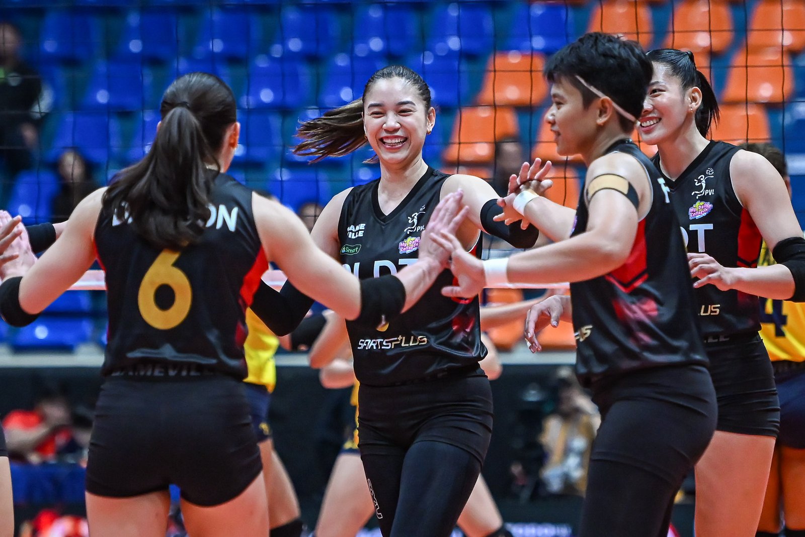 PLDT players celebrate a point during their PVL matchup with Capital 1 on Thursday, Feb. 12. [PVL Images]