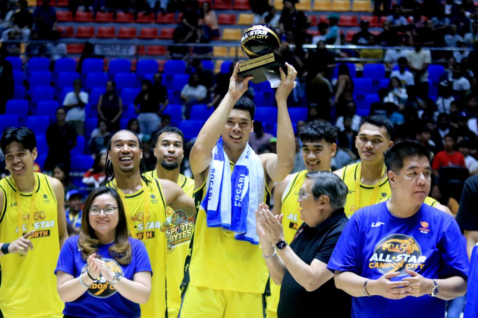 The North team celebrates after securing a 147-142 victory in the PBA Season 50 All-Star Game. [photo credit: Peter Baltazar, PBA Pool]