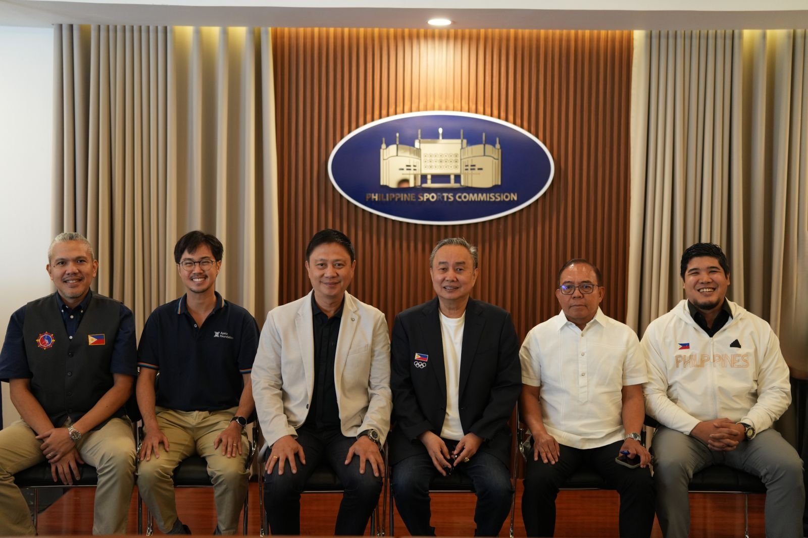 (L-R) Vovinam Federation of the Philippines secretary general Jose “Jop” Malonzo, Xavier Virata of Ayala Foundation Inc., PSC Chairman Patrick Gregorio, POC President Bambol Tolentino, GAB Chairman Atty. Francisco Rivera, and Pilipinas Curling secretary general Jarryd Bello.