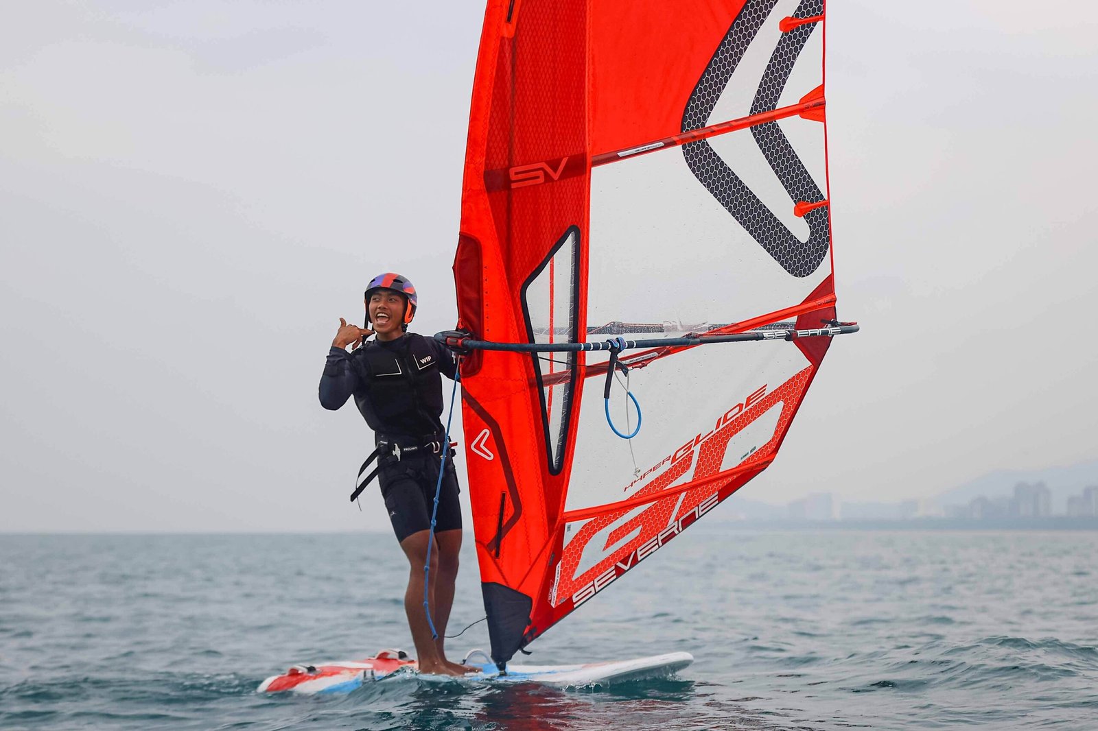 Dhenver John Castillo celebrates after clinching silver in boys’ foil windsurfing at the 6th Asian Beach Games in Sanya, China. [POC Media Pool]