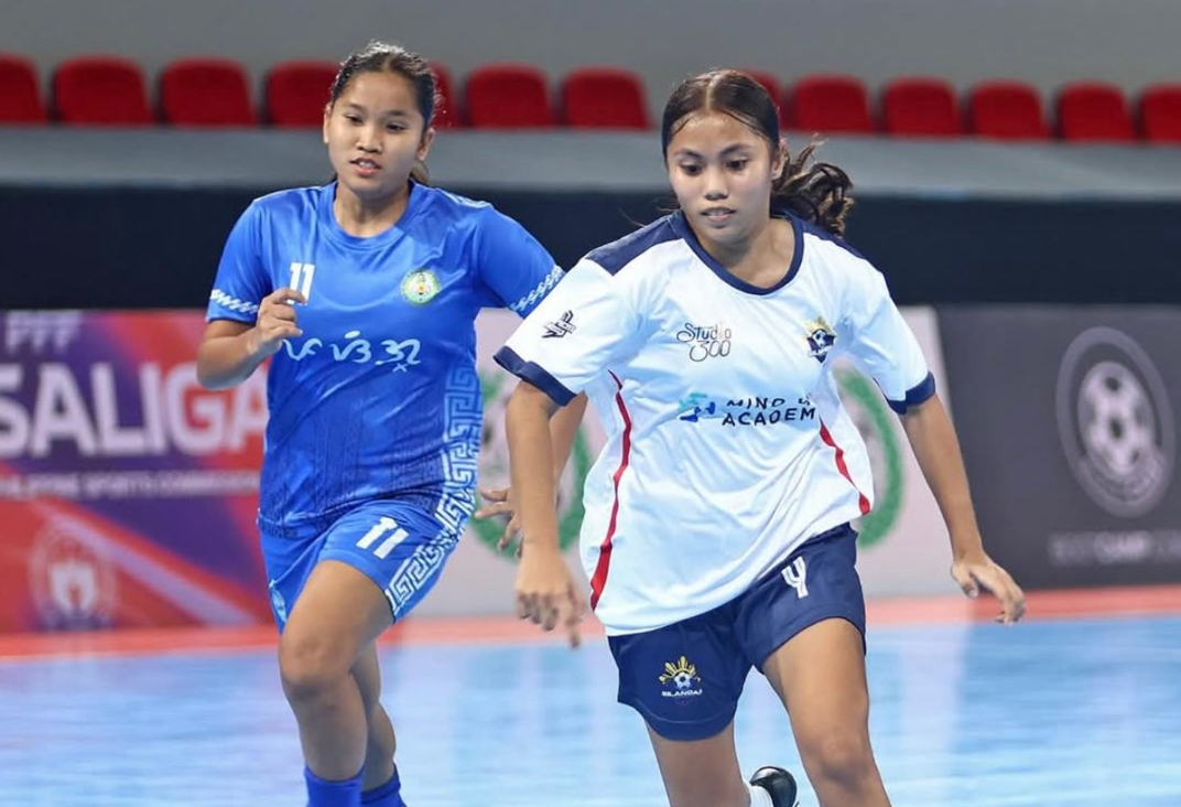 Silangan FC's Angela Morato (right) led her team's balanced attack to beat erstwhile undefeated PasigLaban to force a triple tie for first place in the PFF Futsaliga U17 Girls division