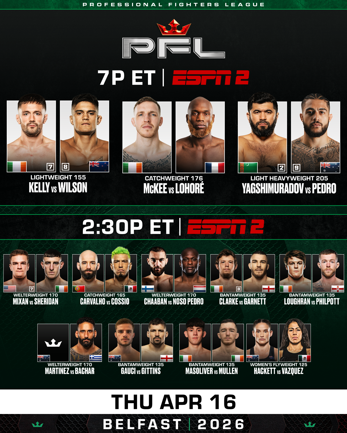 SSE Arena Belfast hosts a stacked PFL international fight card on April 16