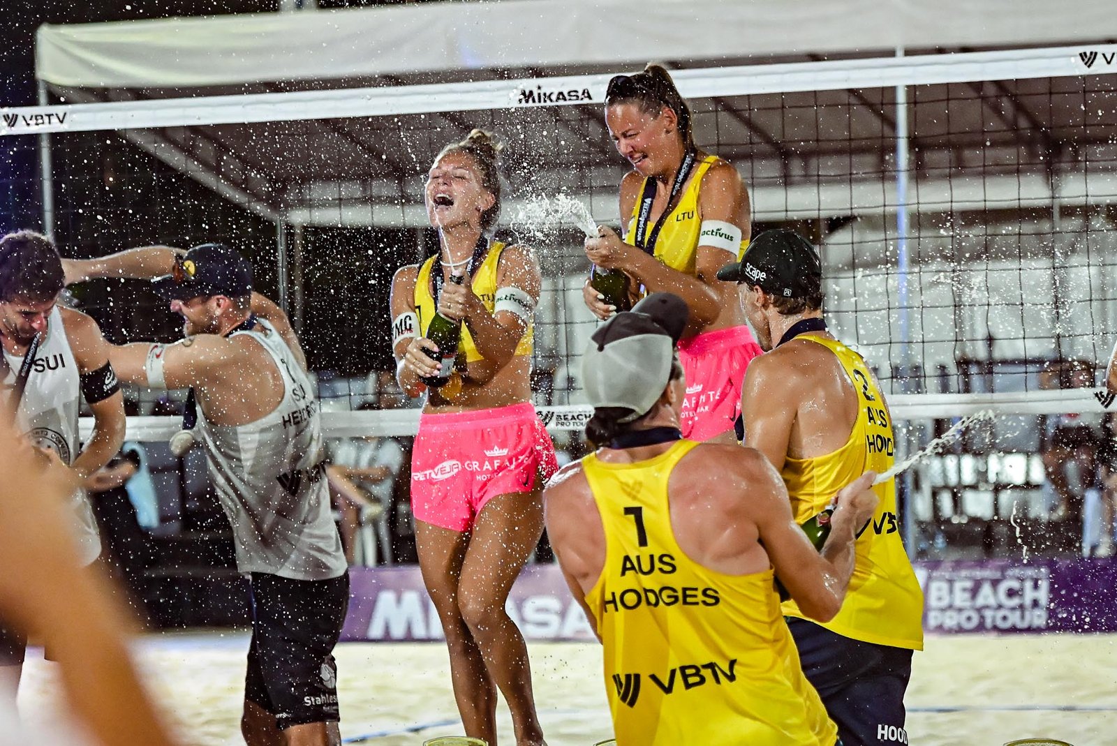 Monika Paulikiene and Aine Raupelyte celebrate their first championship together in the Volleyball World Beach Pro Tour Nuvali Challenge. [PNVF photo]