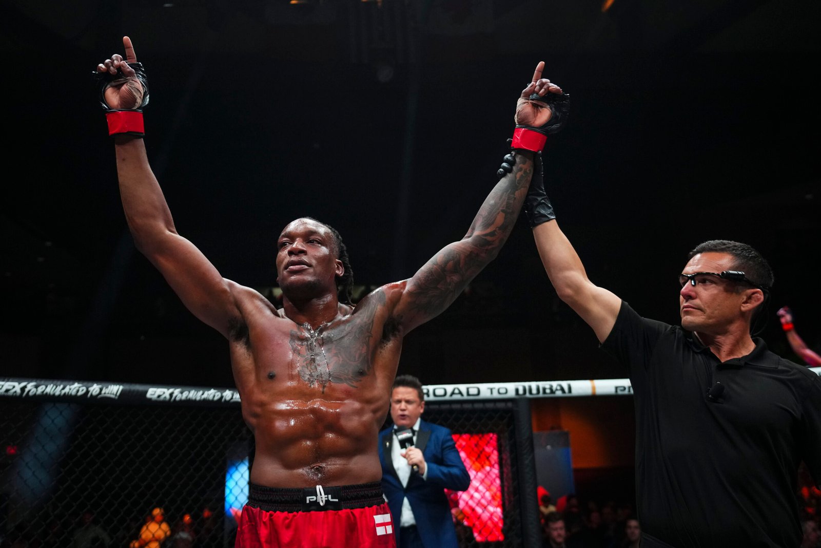 Simeon Powell celebrates after securing a statement TKO victory over Emiliano Sordi. [PFL photo]