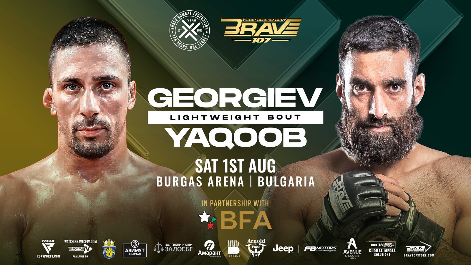 BRAVE CF 107 features a lightweight showdown between Delyan Georgiev and Owais Yaqoob in Bulgaria.